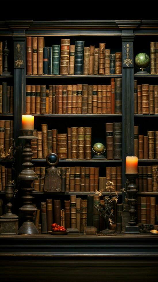 Vast collection of aged books neatly aligned on library shelves Vertical Mobile Wallpaper AI Generated photo