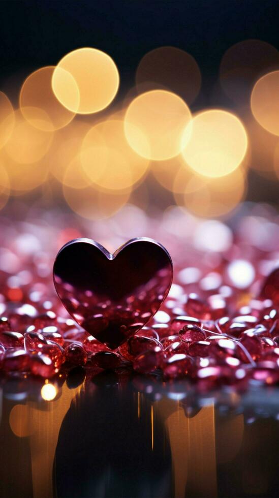 Valentines ambiance panoramic glittering bokeh with trendy magenta shades and heart motifs Vertical Mobile Wallpaper AI Generated photo