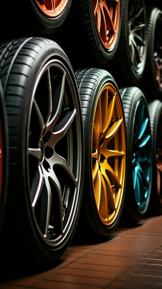 Wheel choices Closeup of assorted car tires on display in shop environment Vertical Mobile Wallpaper AI Generated photo