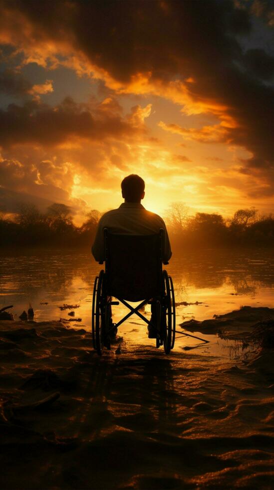 Wheelchair silhouette, set against the backdrop of a sunset, radiates determination Vertical Mobile Wallpaper AI Generated photo