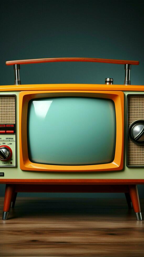 Yellow Orange color old vintage retro Television on wood table with mint blue background Vertical Mobile Wallpaper AI Generated photo