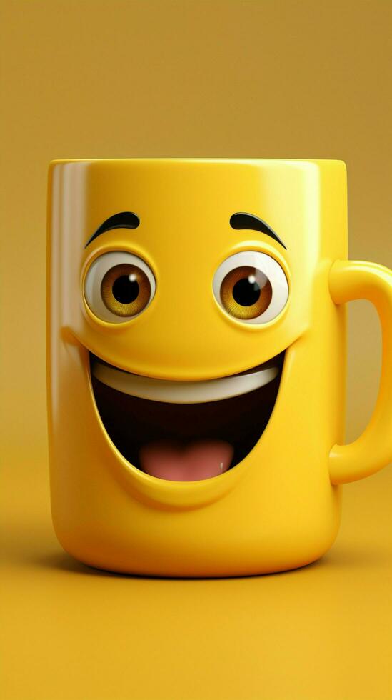 amarillo antecedentes Hospedadores adorable café taza personaje, sonriente habitación para personalización vertical móvil fondo de pantalla ai generado foto