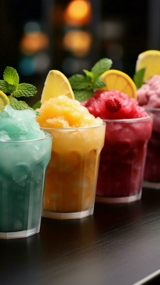 Frozen fruit slushies in cups lined up for a frosty refreshment parade AI Generated photo