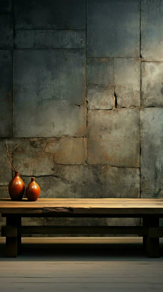 Forgotten wooden top against textured concrete wall a dialogue of materials unfolds AI Generated photo