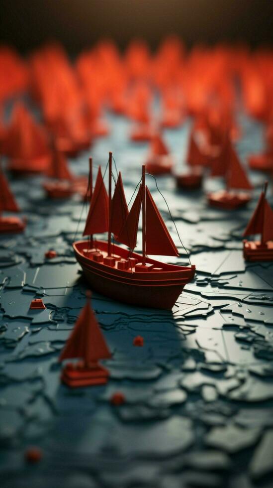Guided progress Red leader boat leads paper armada on world map, representing teamwork Vertical Mobile Wallpaper AI Generated photo