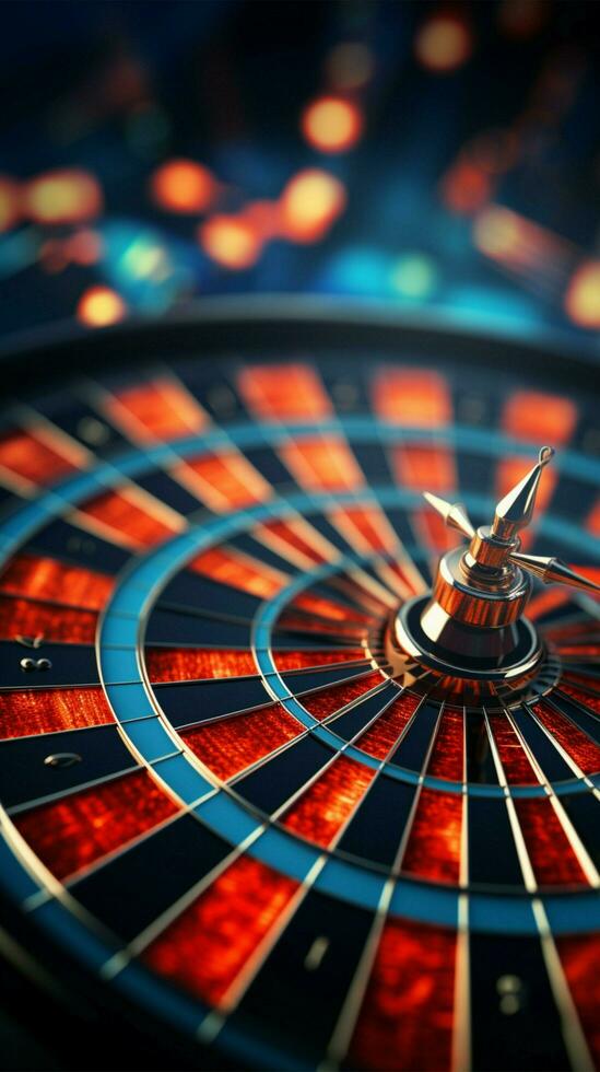 Goal attained Close up of red darts hit center target against dark blue sky Vertical Mobile Wallpaper AI Generated photo