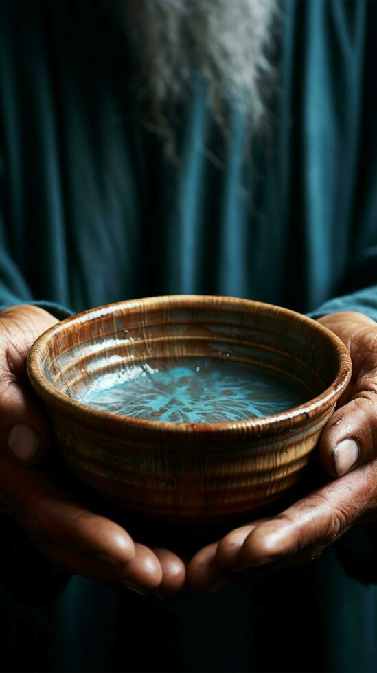 Hands hold empty bowl, portraying the harshness of hunger and economic hardship Vertical Mobile Wallpaper AI Generated photo