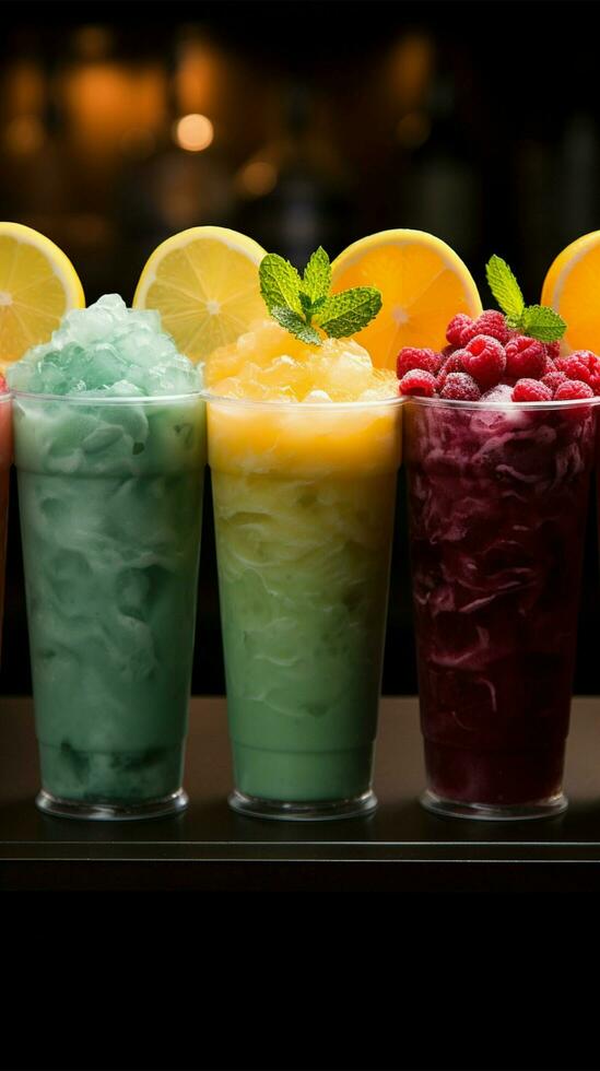 Icy fruit slushies stand united in plastic cups, forming a chilly lineup Vertical Mobile Wallpaper AI Generated photo