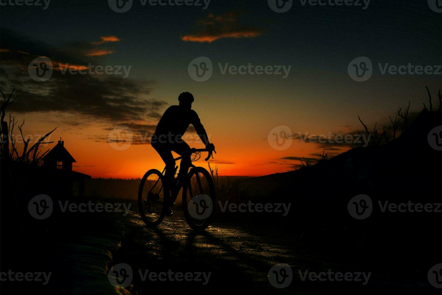 montando dentro el crepúsculo, un ciclista disfruta el tranquilo noche ambiente ai generado foto