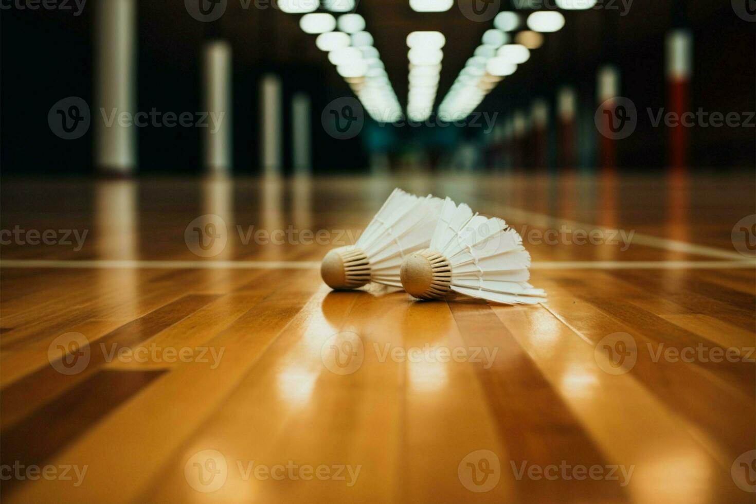 Shuttlecocks awaiting action in a well lit, wooden floored sports arena AI Generated photo