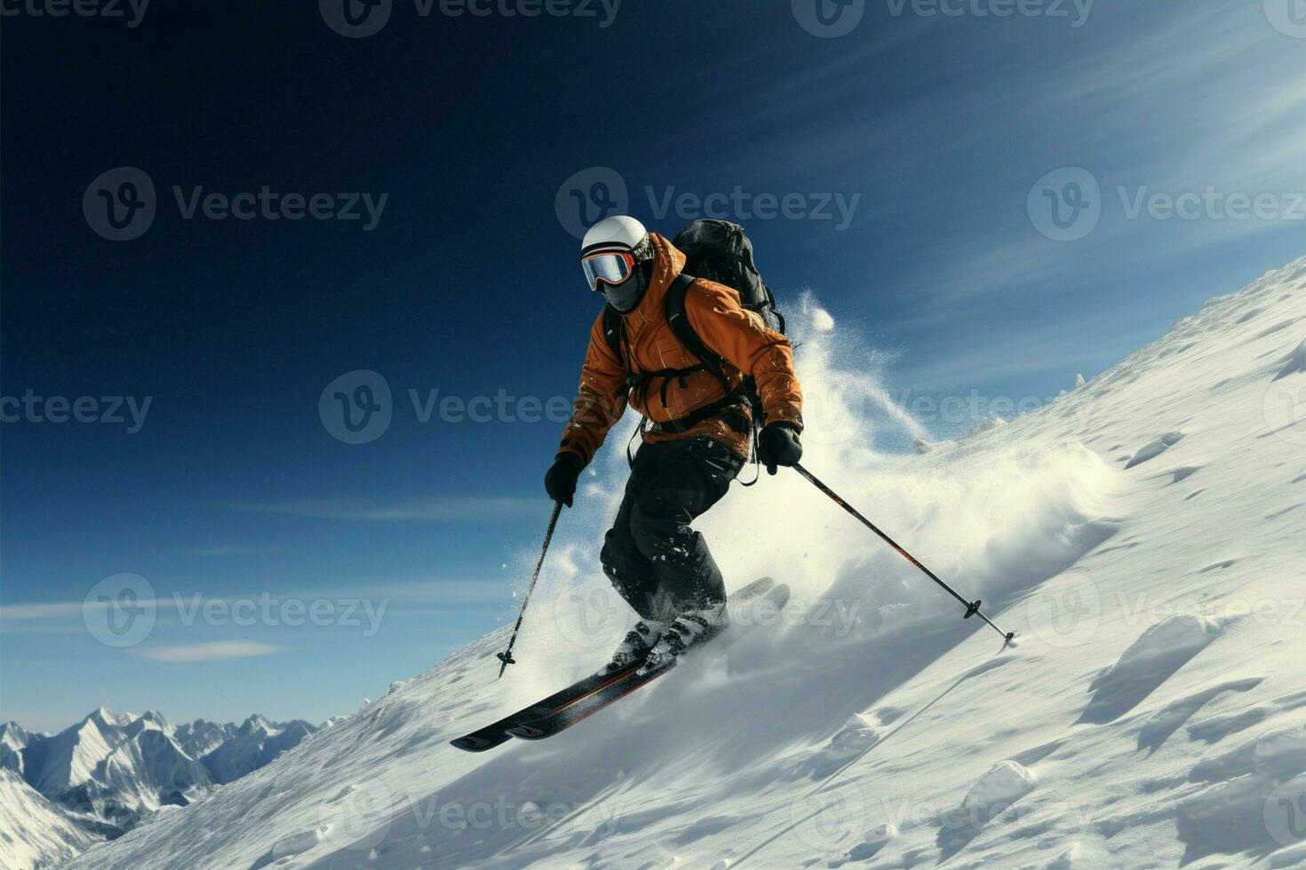 Skier carves the snowy landscape, displaying skill on the wintry slopes AI Generated photo