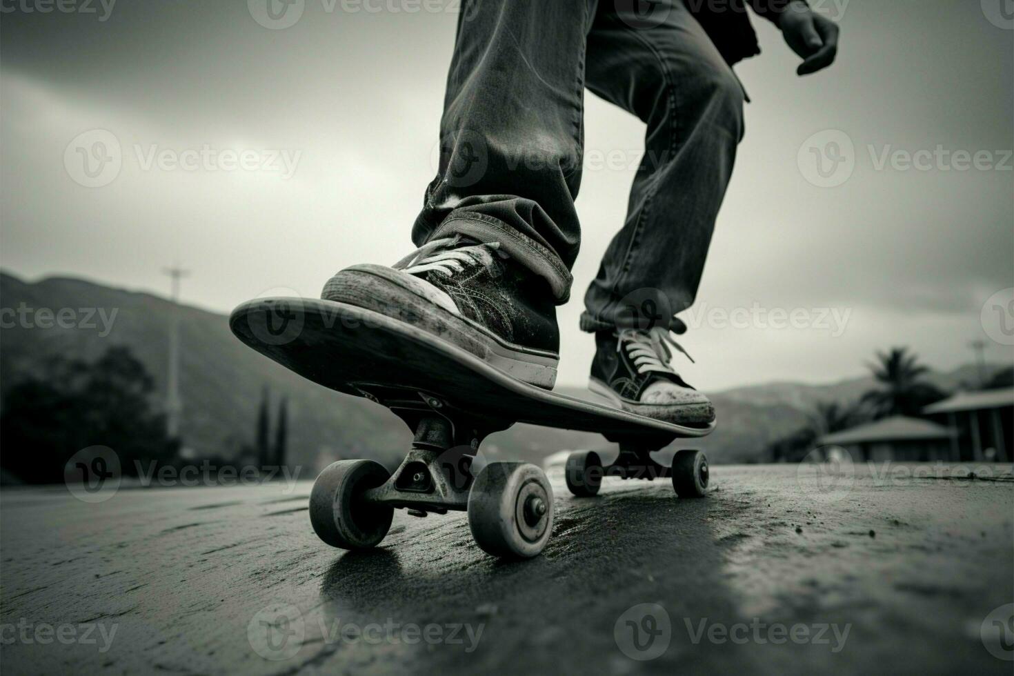 Skaters grayscale stance, striking a balance on a sleek skateboard AI Generated photo
