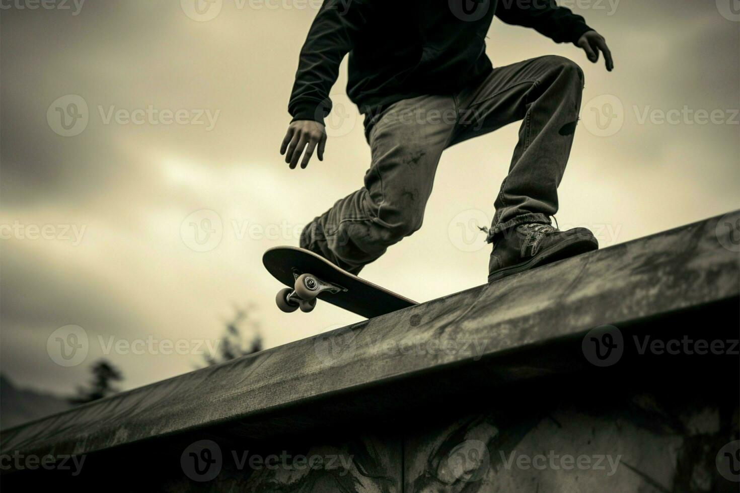 Skateboarder stands on a grayscale deck, capturing urban skating aesthetics AI Generated photo