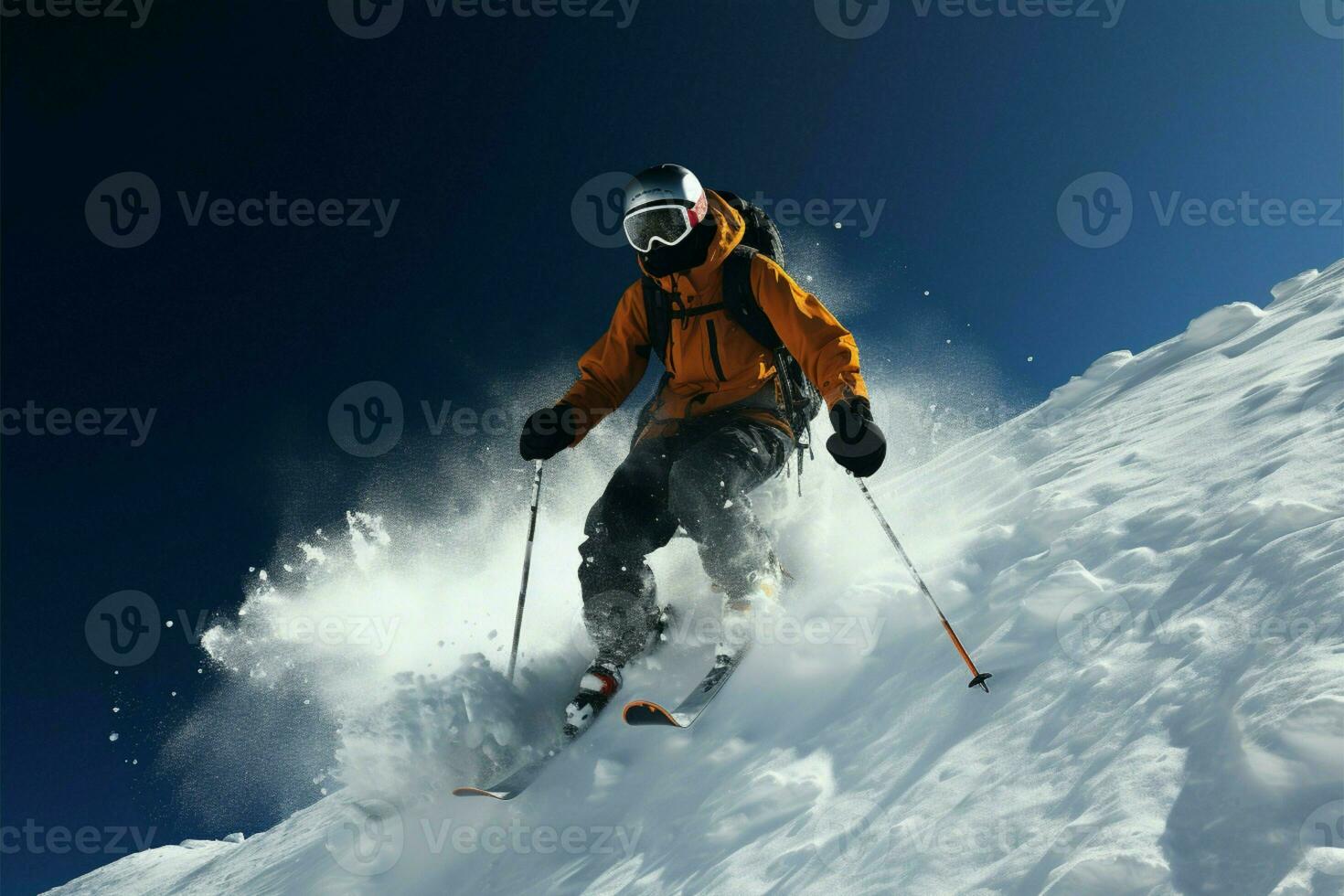 Skier carves the snowy landscape, displaying skill on the wintry slopes AI Generated photo