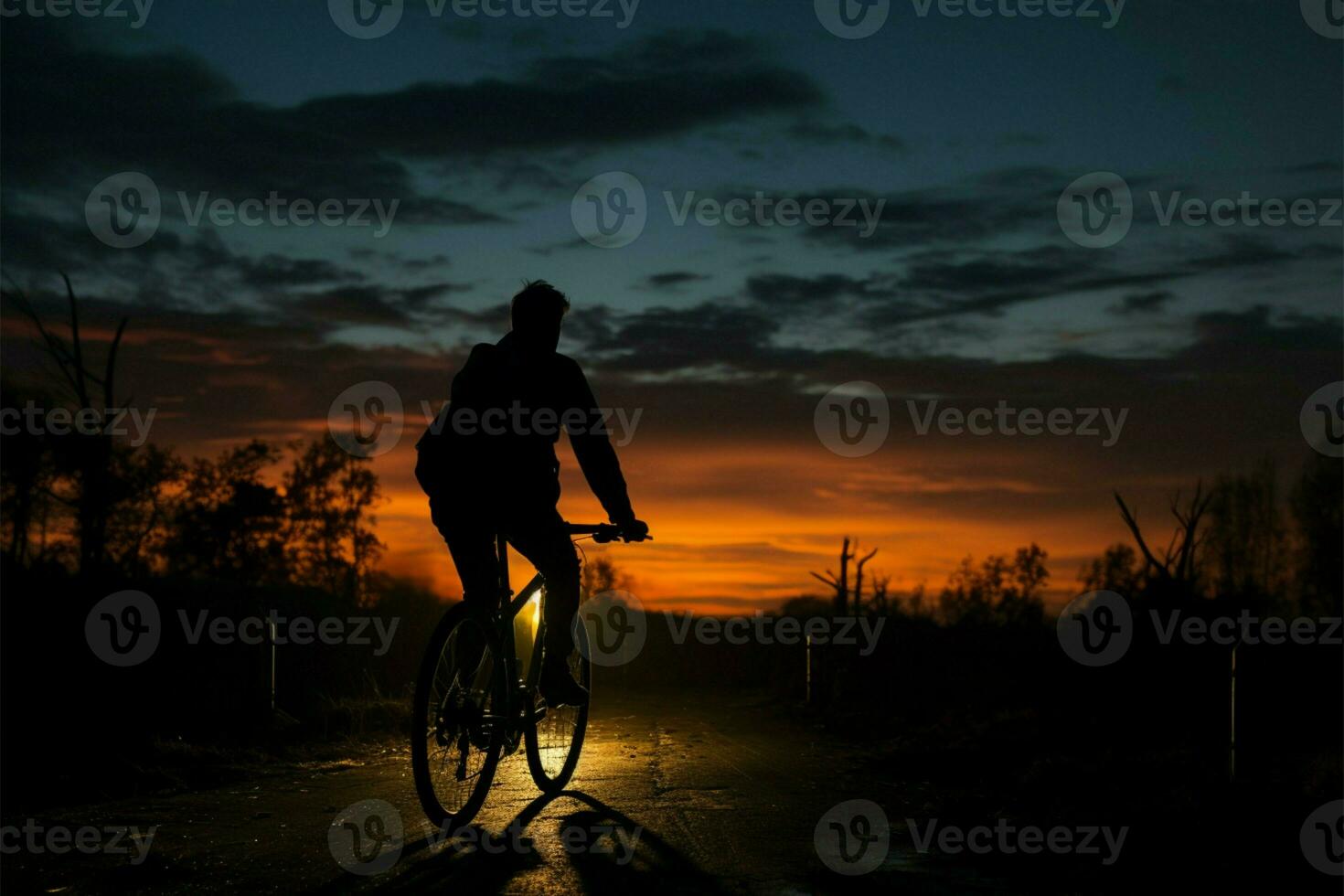 A man rides his bicycle as night descends, a peaceful journey AI Generated photo