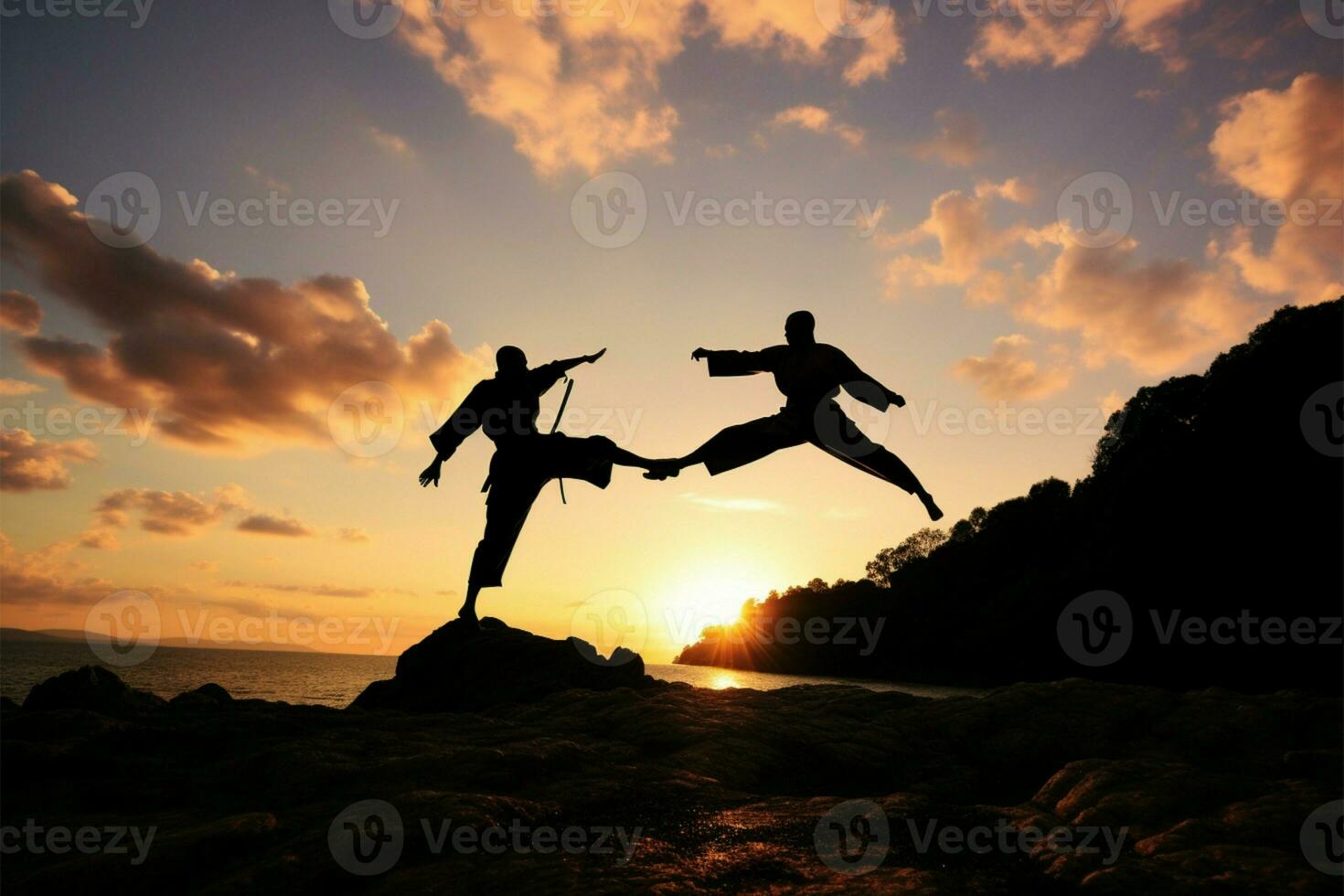 A pair of karate enthusiasts execute precise techniques at twilight AI Generated photo