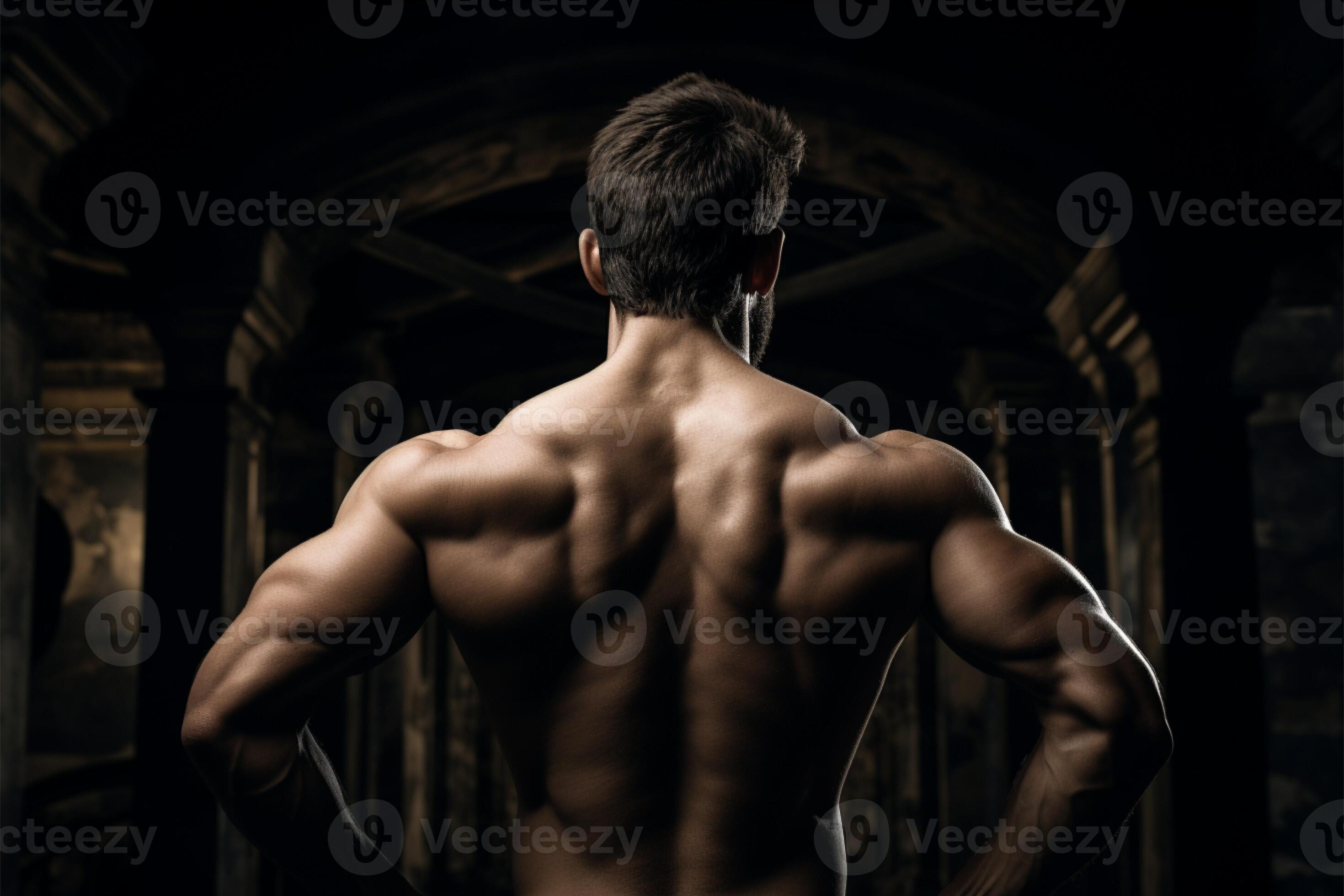 Back view of a well built man emphasizes his muscularity AI Generated