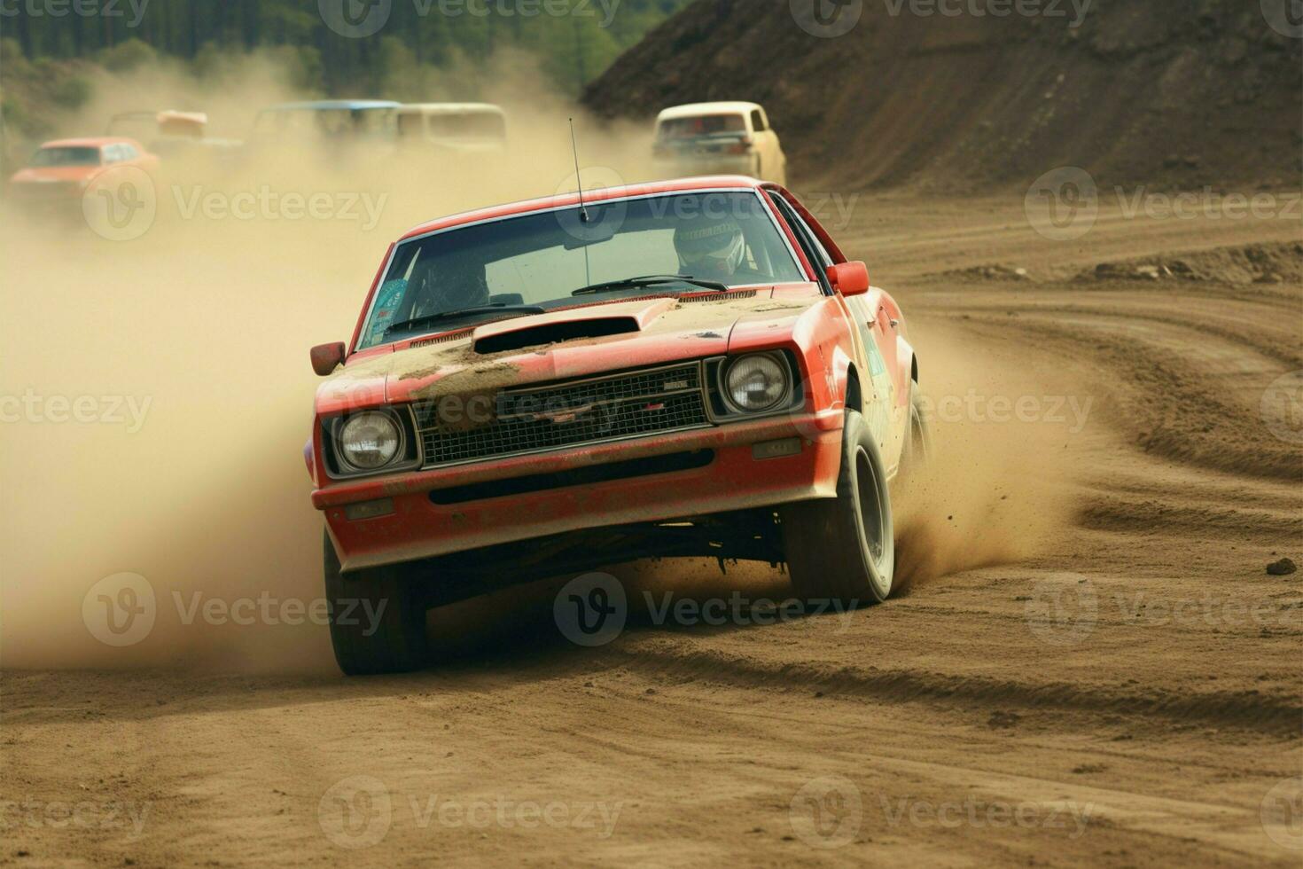 Bold red car cruises along a picturesque, unpaved dirt road AI Generated photo