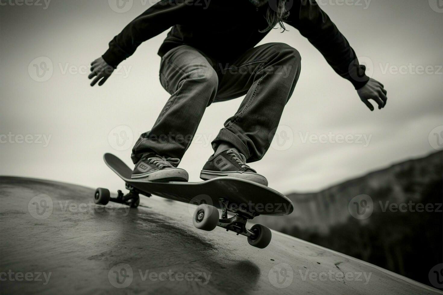 Grayscale image portrays a poised skateboarder in a stylish urban setting AI Generated photo