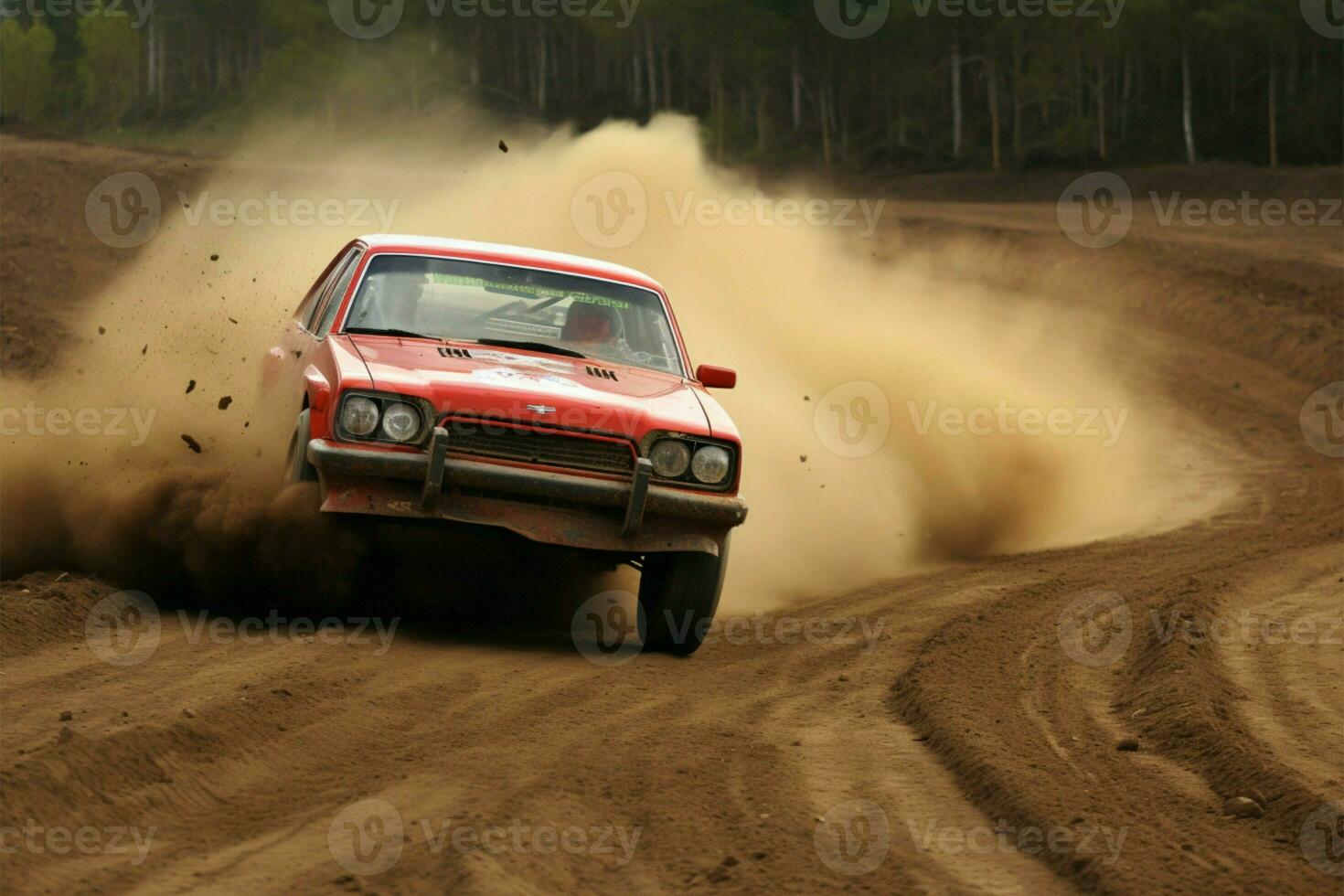 A crimson car navigates a rustic dirt road, dust trailing behind AI Generated photo