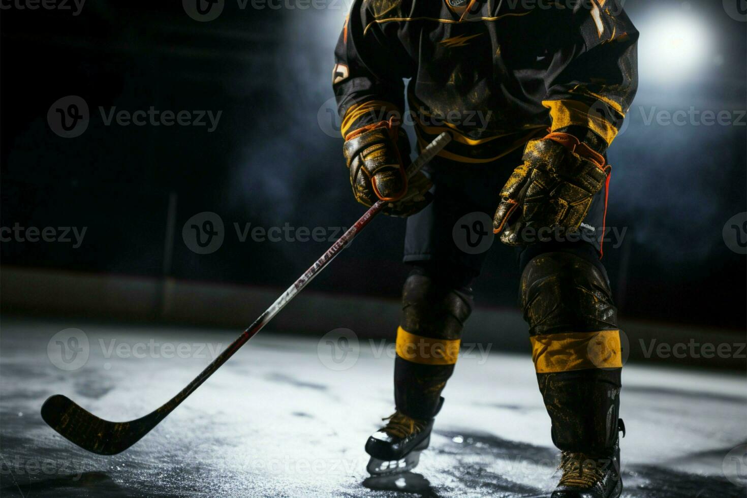 Player in full gear holds a hockey stick, ready to compete AI Generated photo