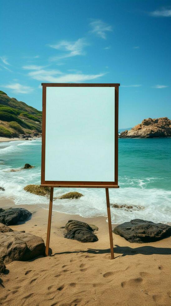 blanco cartelera en el playa con mar en el antecedentes vertical móvil fondo de pantalla ai generado foto