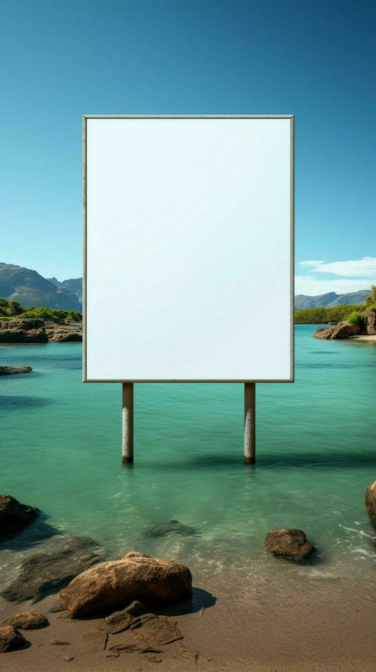 blanco cartelera en el playa con mar en el antecedentes vertical móvil fondo de pantalla ai generado foto