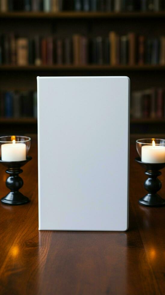negro mi libro con blanco blanco pantalla, visto desde arriba, en oscuro madera vertical móvil fondo de pantalla ai generado foto