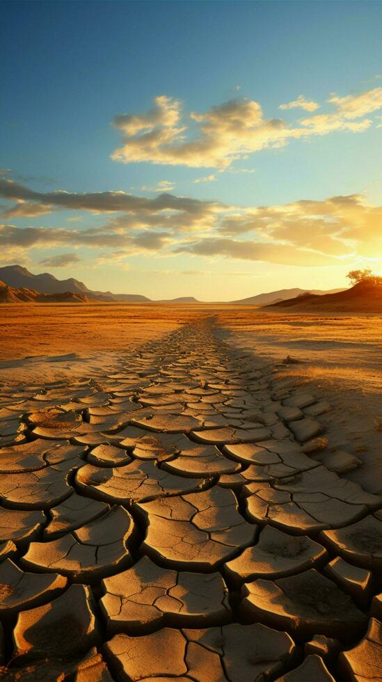 clima crisis árido tierra, agrietado y seco, dice de cambiando Desierto paisaje vertical móvil fondo de pantalla ai generado foto