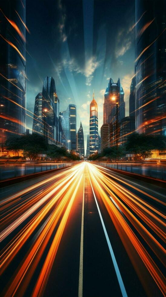 Blurred urban pulse Highway overpass in motion, cityscape background conveys bustling movement Vertical Mobile Wallpaper AI Generated photo