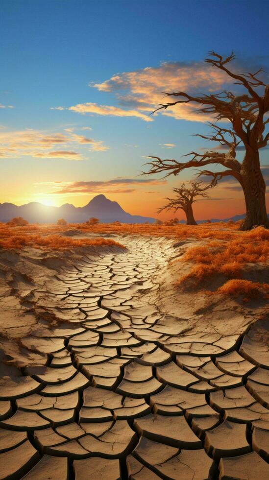 Climates mark Cracked desert land exposes harsh impact of changing environment Vertical Mobile Wallpaper AI Generated photo
