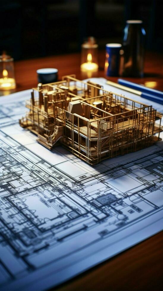 Architects workspace Blueprint rolls elegantly positioned on table, design inspiration showcased Vertical Mobile Wallpaper AI Generated photo