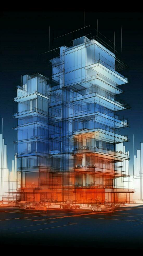 Architectural concept 3D wireframe skyscraper sketch, dynamic and modern, vector illustration Vertical Mobile Wallpaper AI Generated photo