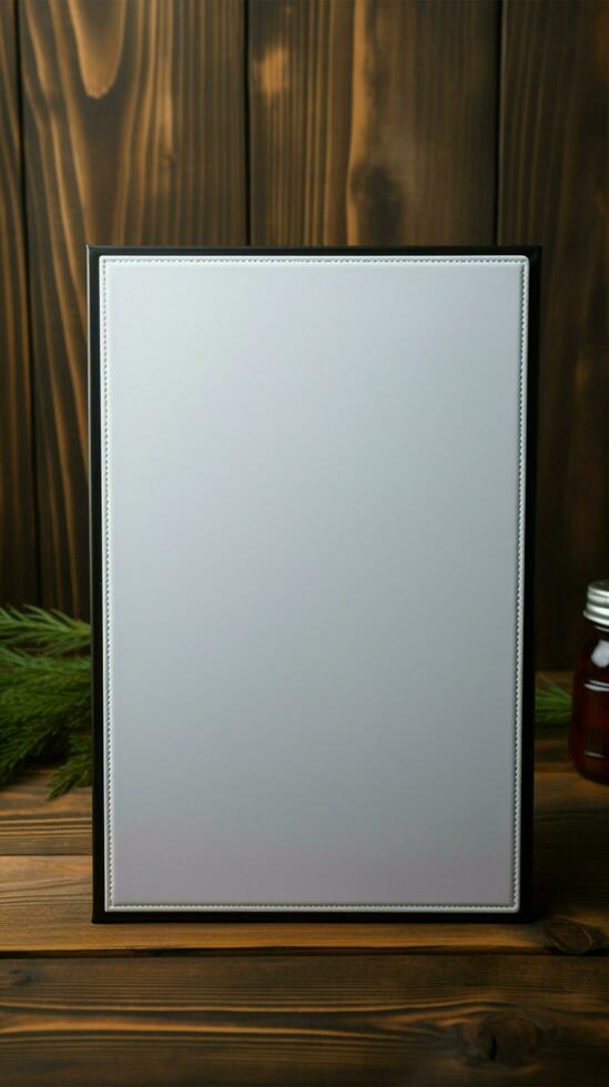 negro mi libro con blanco blanco pantalla, visto desde arriba, en oscuro madera vertical móvil fondo de pantalla ai generado foto