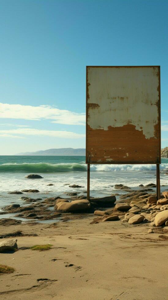 costero lona desocupado cartelera conjunto en contra Oceano panorama en arenoso playa vertical móvil fondo de pantalla ai generado foto