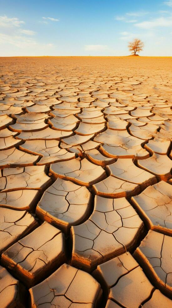 Dried land in the desert Cracked soil crust climate change Vertical Mobile Wallpaper AI Generated photo
