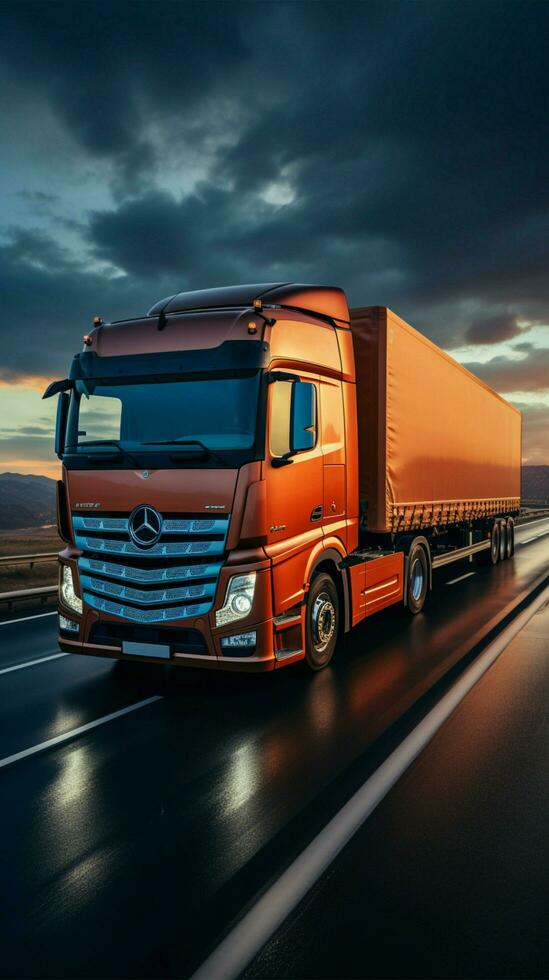 Rápido la carretera prisa camiones movimiento difuminar encarna alto velocidad viaje y eficiente logística vertical móvil fondo de pantalla ai generado foto