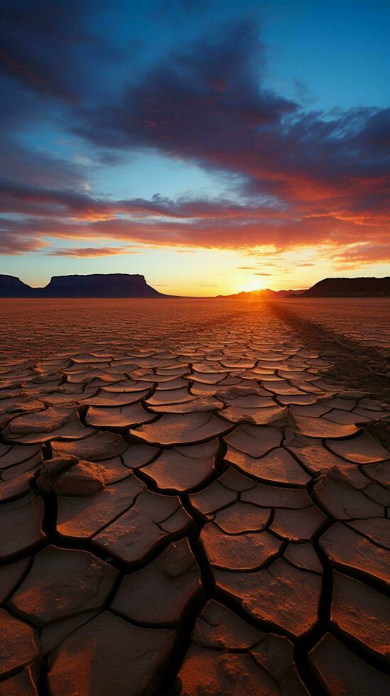 Arid expanse bathed in twilight, suns farewell hues grace sandy desert Vertical Mobile Wallpaper AI Generated photo