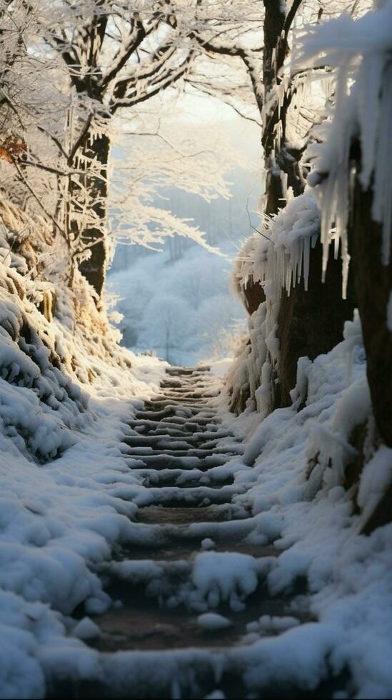 congelado aventuras ladera alpinismo hojas humano huellas grabado en Nevado camino vertical móvil fondo de pantalla ai generado foto