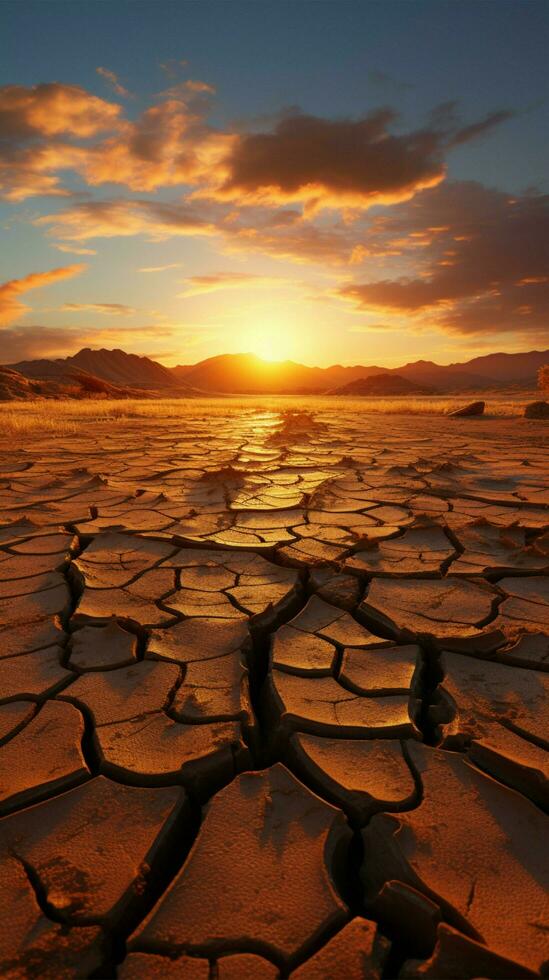 Earths struggle Cracked desert soil mirrors climate changes toll on parched land Vertical Mobile Wallpaper AI Generated photo