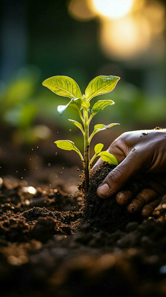 Hand pouring black soil on green bokeh background Planting a small plant on a pile of soil or pouring soil during funeral Gardening backdrop for advertising Vertical Mobile Wallpaper AI Generated photo