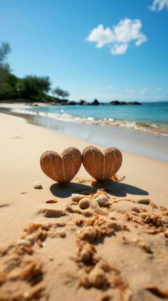 sentido conexión dos escrito corazones en arenoso playa, enmarcado por tropical fondo vertical móvil fondo de pantalla ai generado foto