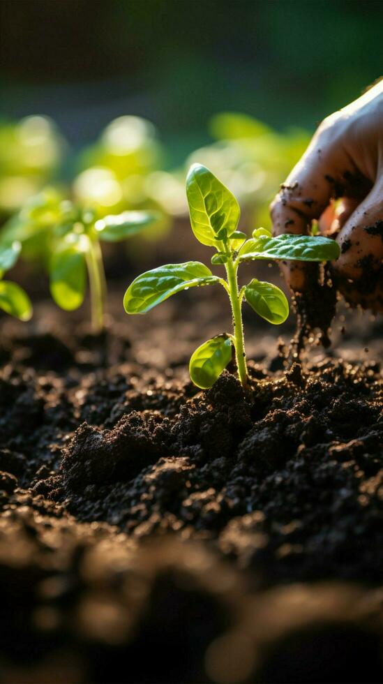 Hand pouring black soil on green bokeh background Planting a small plant on a pile of soil or pouring soil during funeral Gardening backdrop for advertising Vertical Mobile Wallpaper AI Generated photo