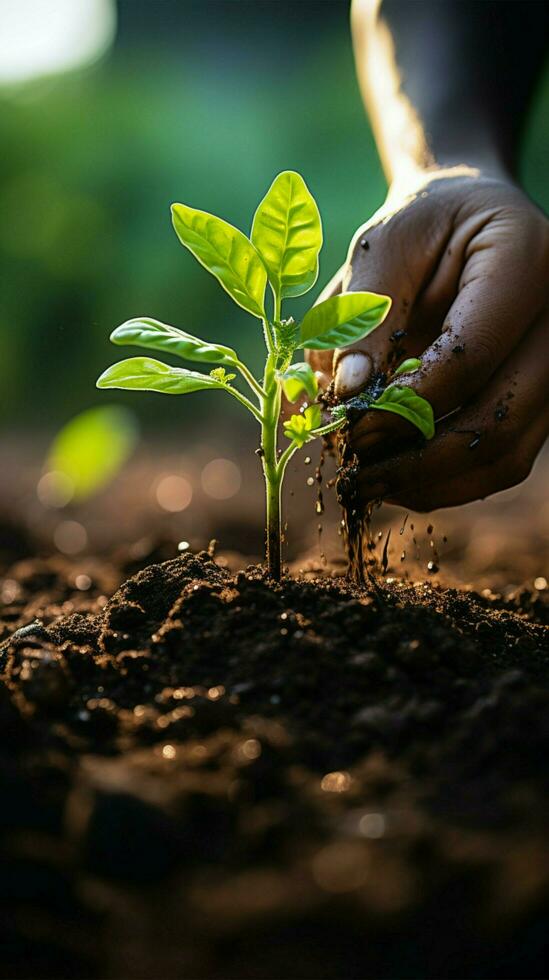 Hand pouring black soil on green bokeh background Planting a small plant on a pile of soil or pouring soil during funeral Gardening backdrop for advertising Vertical Mobile Wallpaper AI Generated photo