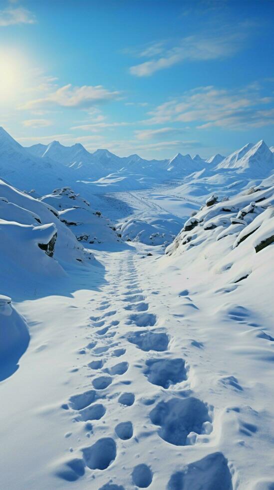 Hillside journey Snow covered footprints trace human climb amid serene snowy terrain Vertical Mobile Wallpaper AI Generated photo