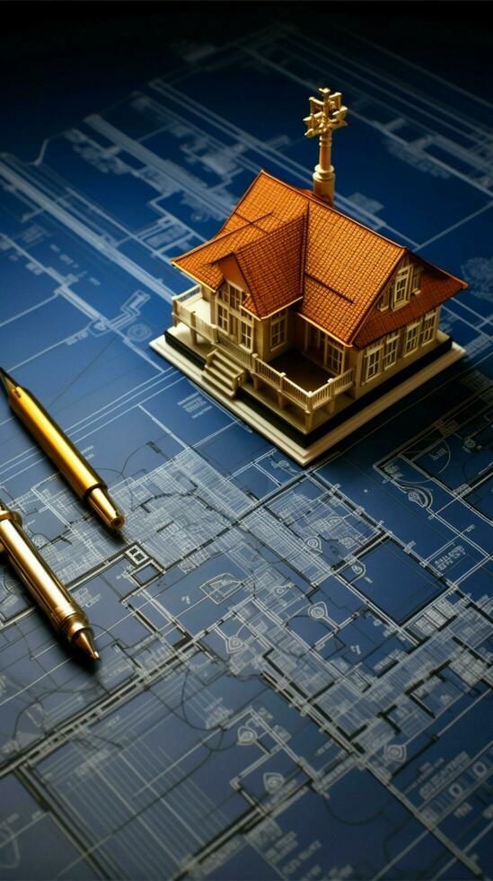 Home blueprint empowerment Architectural design depicted alongside symbolic house keys Vertical Mobile Wallpaper AI Generated photo