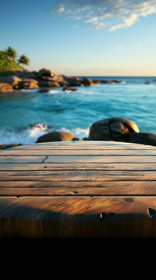 isla ambiente borroso mar y cielo detrás de madera mesa, un atractivo escena vertical móvil fondo de pantalla ai generado foto