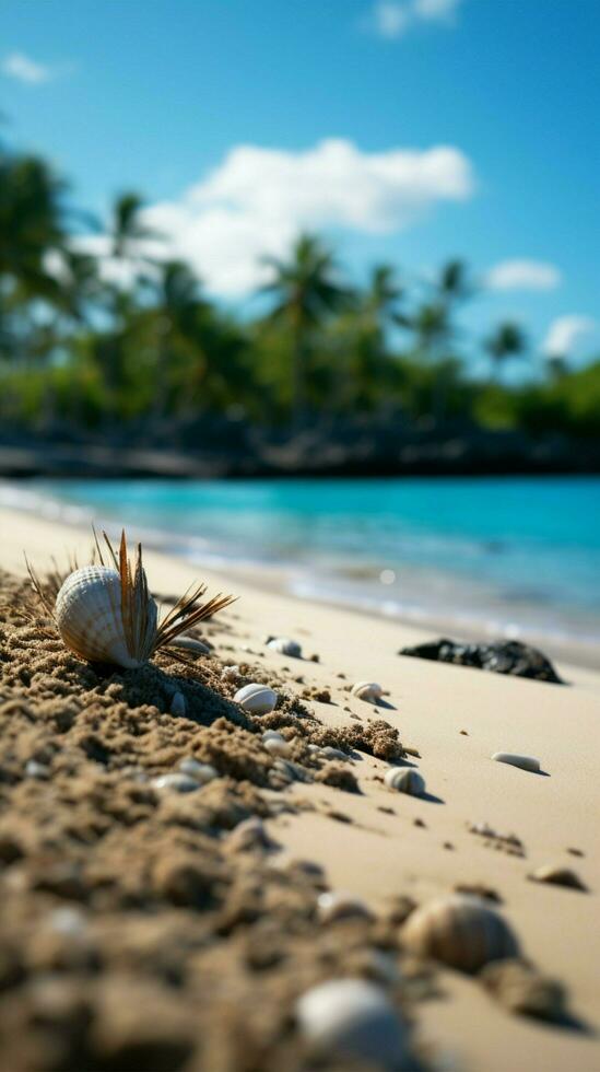 Island serenity Sand, palm, bokeh backdrop portray vacation concept, offering copy space Vertical Mobile Wallpaper AI Generated photo