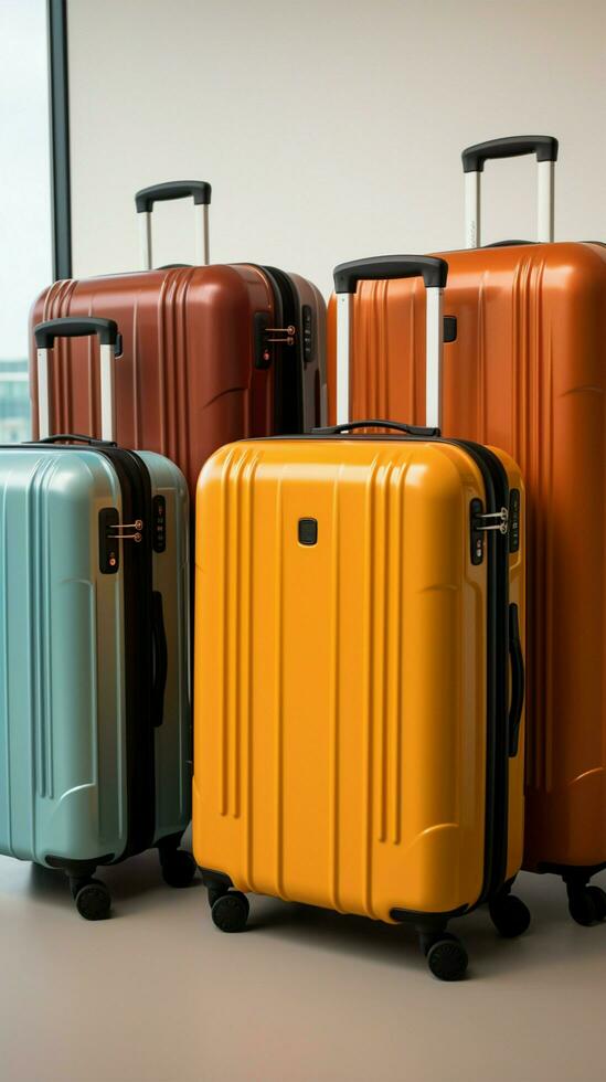 Luggage collection Set of suitcases displayed on a pristine white surface Vertical Mobile Wallpaper AI Generated photo