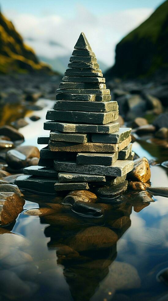 Maritime monument Sea coast stones form a pyramid, echoing ancient traditions by waves Vertical Mobile Wallpaper AI Generated photo